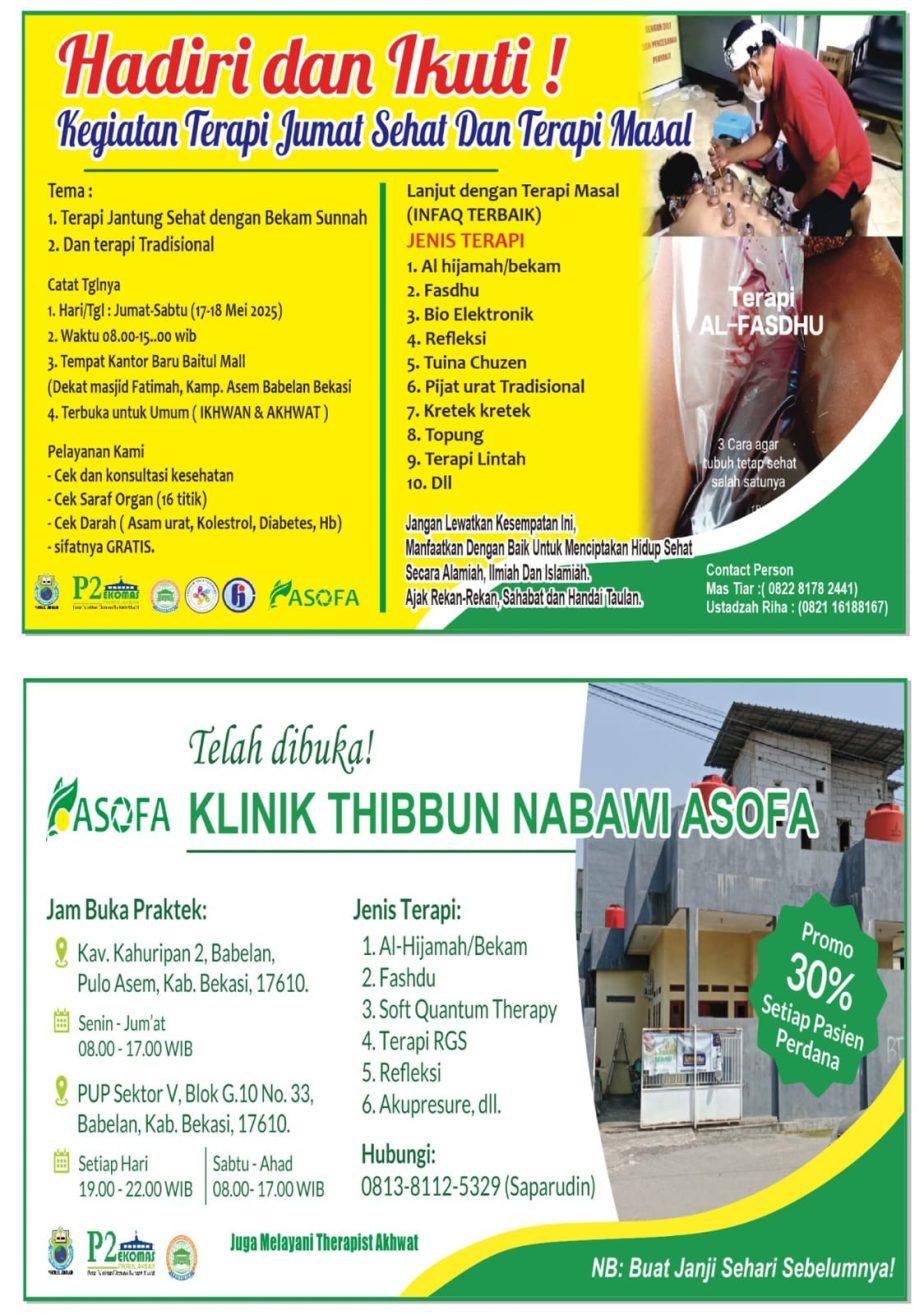 HADIRILAH TERAPI JUM’AT SEHAT DI KLINIK ASOFA RUMAH KEBAIKAN FIKRUL AKBAR